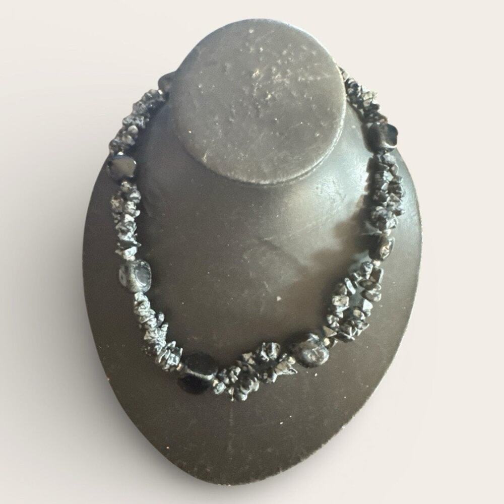 Snowflake Obsidian Cluster Beaded Necklace Gray Black Clasp Boho 18”